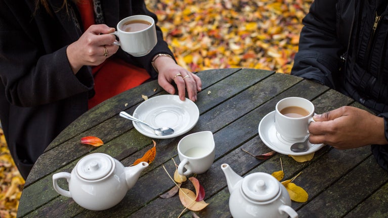 Visitors sitting outside the tea-room with autumn leaves scattered on the ground.